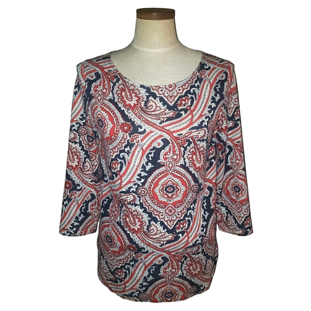 Bloomingdales Paisley Mid-Length Sleeves Back Zipper Top Blouse M Red White Blue